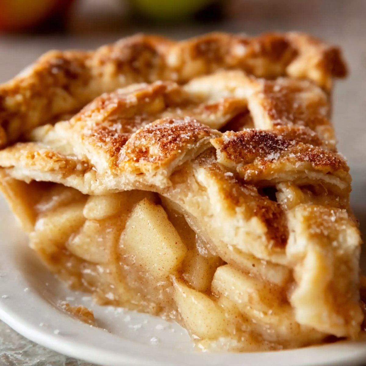 A close-up of a homemade lattice-top Apple Pie Recipe slice on a white plate, showing tender, cinnamon-spiced apple chunks nestled beneath a flaky, golden-brown crust sprinkled with sugar crystals.