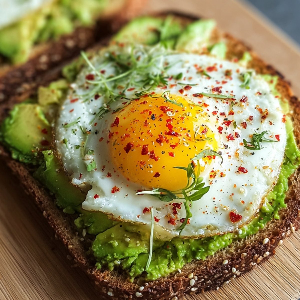 Close-up of a slice of whole-grain toast topped with smashed Avocado Toast Recipe and a sunny-side-up egg, sprinkled with red pepper flakes and microgreens, on a wooden cutting board.