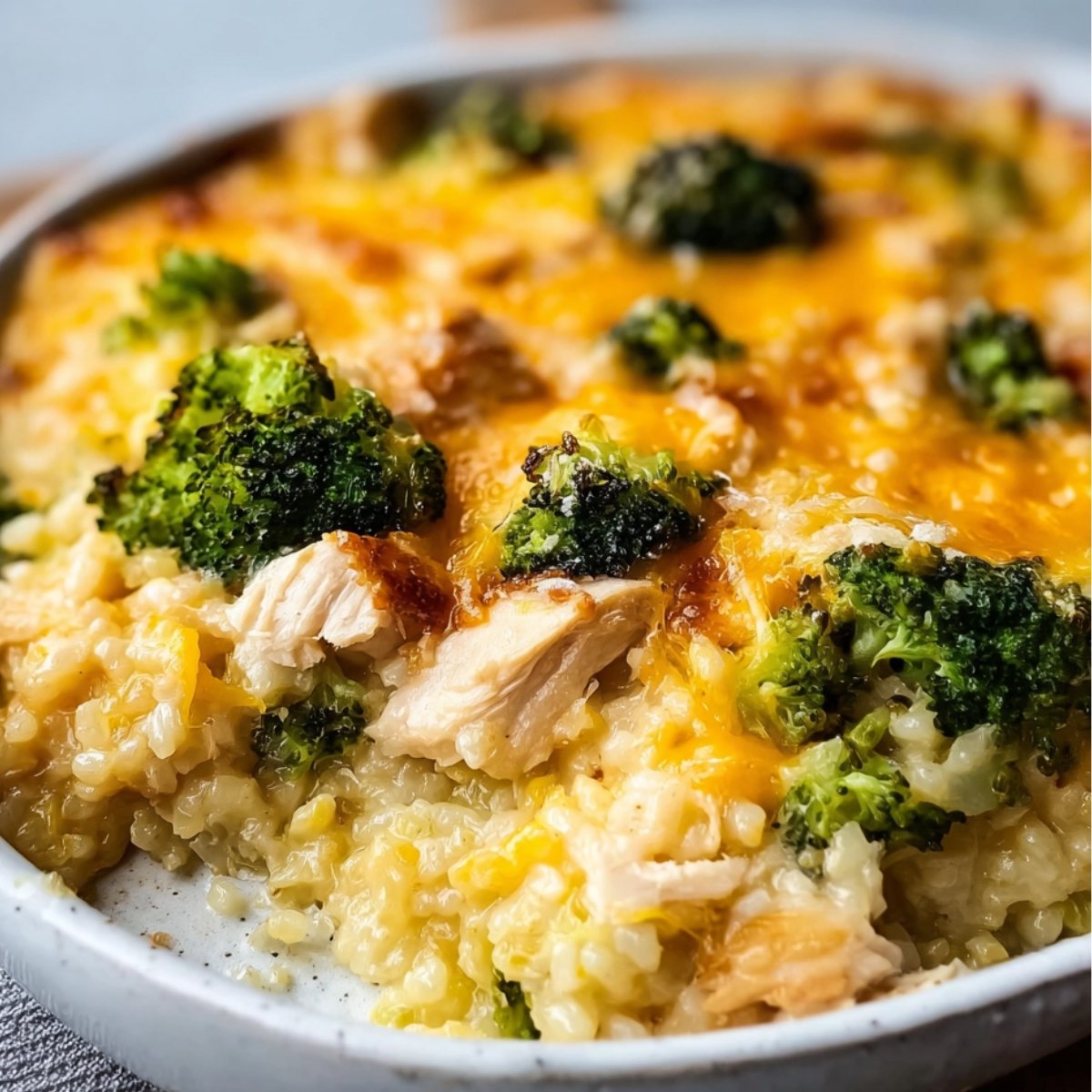 A close-up shot of a delicious Chicken Broccoli Casserole and broccoli casserole, featuring melted cheese and golden-brown broccoli pieces on top of a creamy rice mixture.