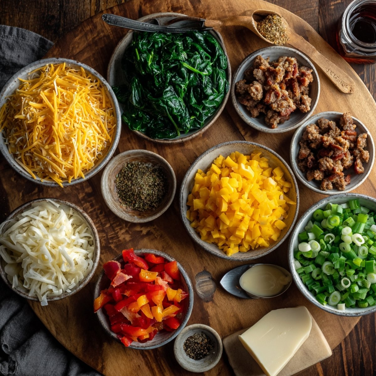 A rustic wooden board holds small bowls of shredded cheddar and Monterey Jack cheese, sautéed spinach, crumbled cooked sausage and bacon, diced yellow bell pepper, sliced green onions, and a wooden spoon heaped with dried herbs, all arranged around a small skillet of hot sauce.