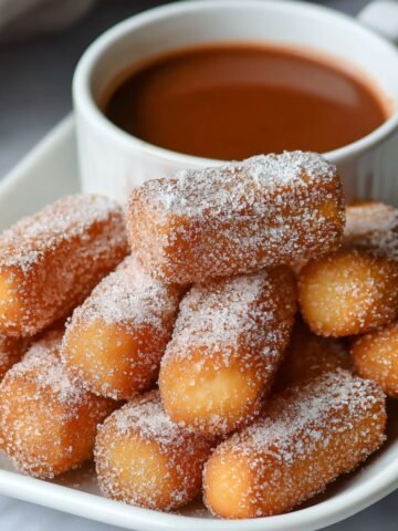 A stack of golden-brown, sugar‑coated Air Fryer Churro Bites sticks served on a white plate alongside a small ramekin of thick, melted chocolate dipping sauce.