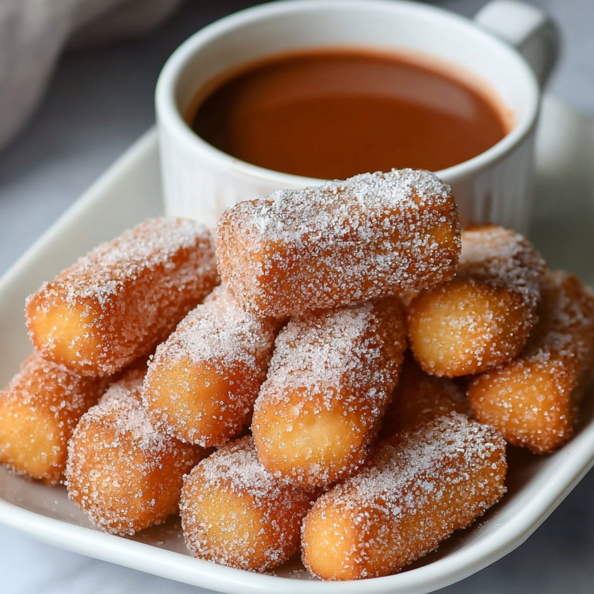 A stack of golden-brown, sugar‑coated Air Fryer Churro Bites sticks served on a white plate alongside a small ramekin of thick, melted chocolate dipping sauce.