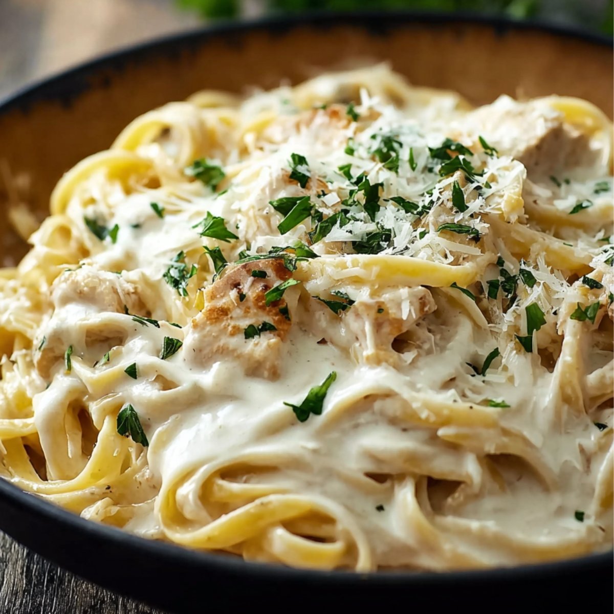 Close‑up of creamy Alfredo Sauce Recipe pasta in a black bowl, with fettuccine noodles coated in white sauce, tender pieces of chicken, sprinkled grated Parmesan, and fresh parsley garnish