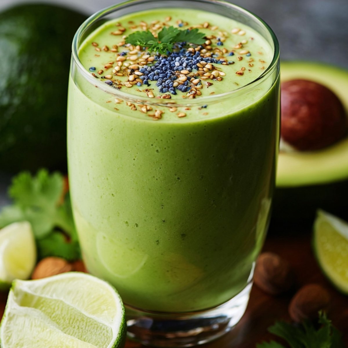 Tall glass filled with creamy pale green avocado smoothie, garnished with blue chia seeds and sesame seeds, set on a wooden board alongside halved lime, whole almonds, cilantro sprig, and blurred avocado halves in the background.