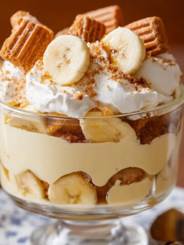 A dessert trifle with layers of sliced Banana Pudding recipe, whipped cream, and crumbled cookies, served in a glass dish on a blue-patterned plate.
