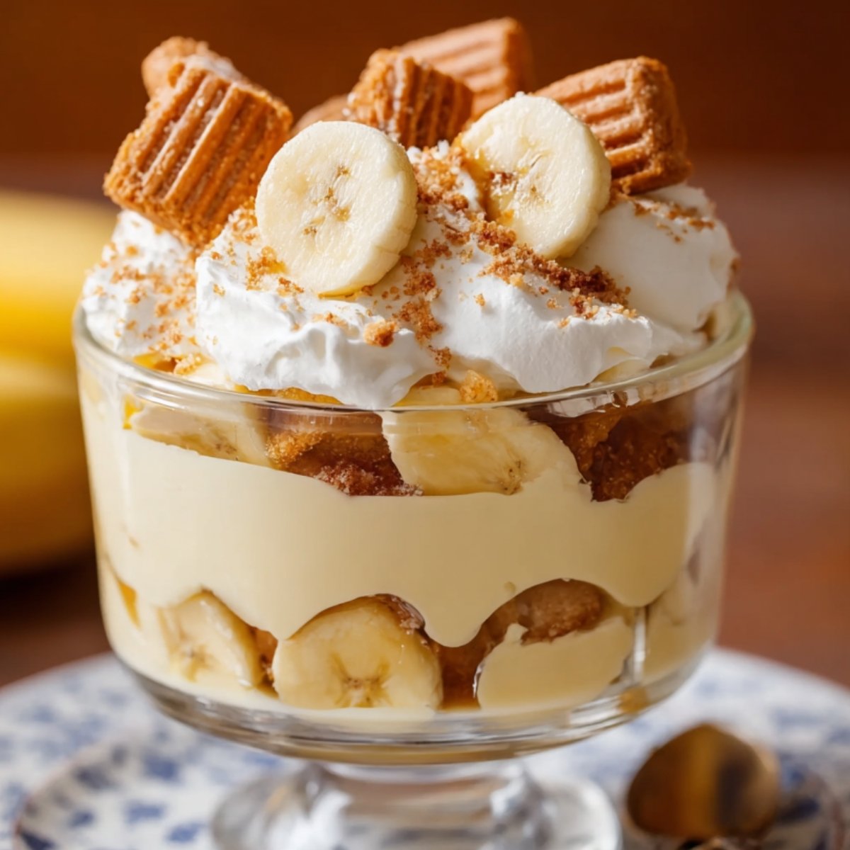 A dessert trifle with layers of sliced Banana Pudding recipe, whipped cream, and crumbled cookies, served in a glass dish on a blue-patterned plate.