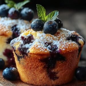 Side‑angle close‑up of a single blueberry muffins topped with powdered sugar and three blueberries, garnished with a mint leaf, set against a dark blurred background.