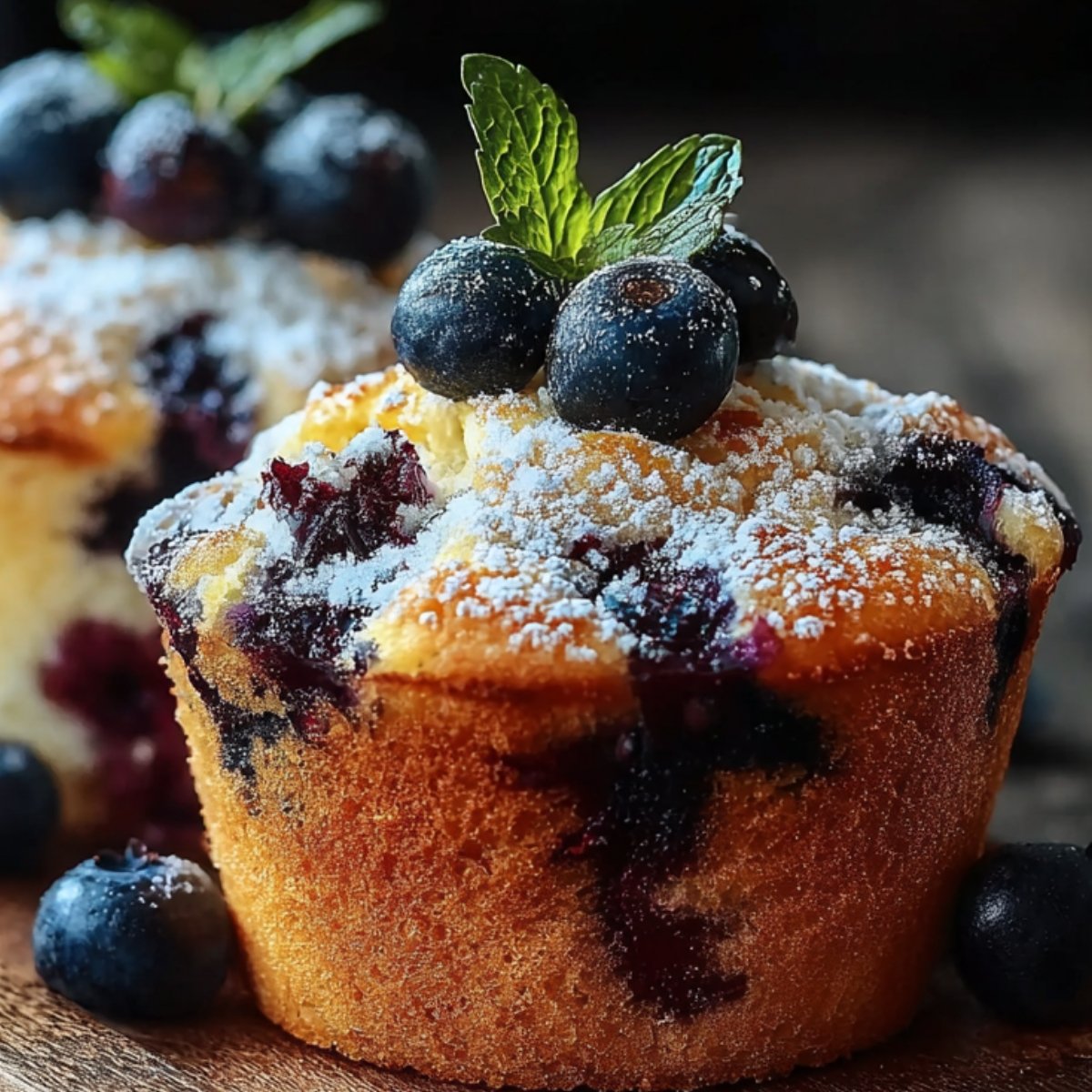 Side‑angle close‑up of a single blueberry muffins topped with powdered sugar and three blueberries, garnished with a mint leaf, set against a dark blurred background.