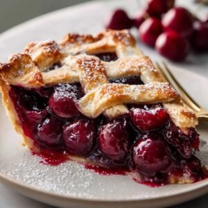 A slice of homemade cherry pie on a white plate, showing plump, whole cherries bursting through a golden-brown lattice crust dusted with powdered sugar. In the background, fresh cherries are softly out of focus