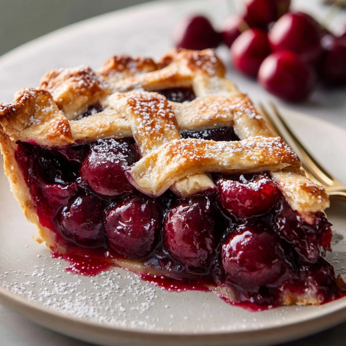A slice of homemade cherry pie on a white plate, showing plump, whole cherries bursting through a golden-brown lattice crust dusted with powdered sugar. In the background, fresh cherries are softly out of focus