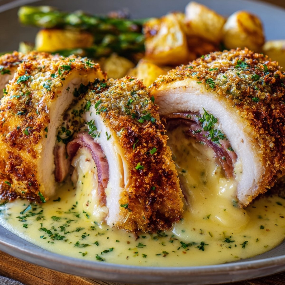 A plated cross‑section of golden‑breaded Chicken Cordon Bleu roulade, its ham and melted Swiss cheese spilling into a creamy mustard sauce, with roasted potatoes and asparagus spears blurred in the background.