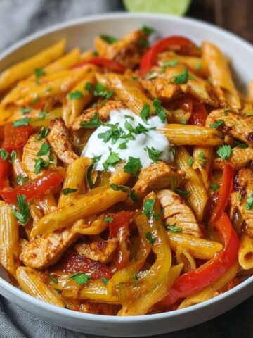 White bowl of chicken fajita pasta: penne tossed with sautéed strips of seasoned chicken, red and green bell peppers, and onions in a smoky tomato‑pepper sauce, topped with a dollop of sour cream and sprinkled with chopped cilantro