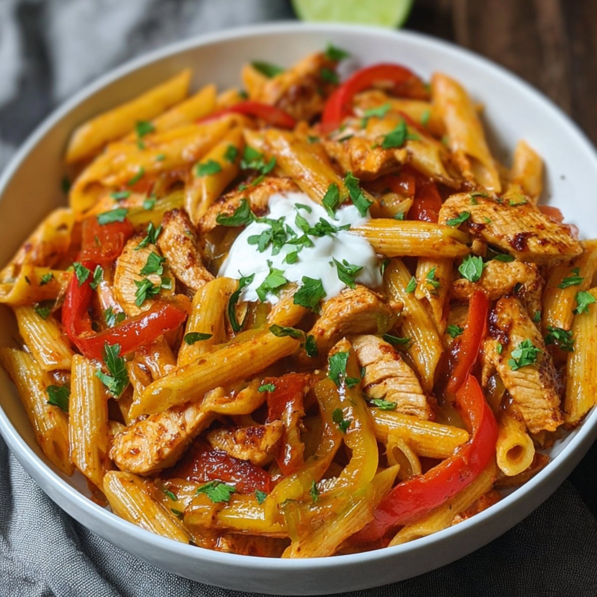 White bowl of chicken fajita pasta: penne tossed with sautéed strips of seasoned chicken, red and green bell peppers, and onions in a smoky tomato‑pepper sauce, topped with a dollop of sour cream and sprinkled with chopped cilantro