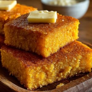 Two thick squares of golden‑brown cornbread Recipe stacked on a wooden board, each topped with a pat of melting butter, with a blurred background bowl of more butter