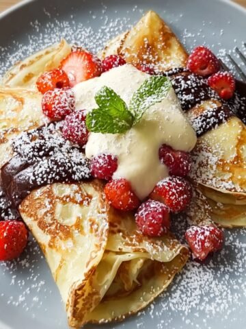 Plate of golden, folded crepes recipe drizzled with rich chocolate sauce, topped with fresh raspberries and strawberries, a dollop of whipped cream, a sprig of mint, and a dusting of powdered sugar, served on a grey plate with a fork.