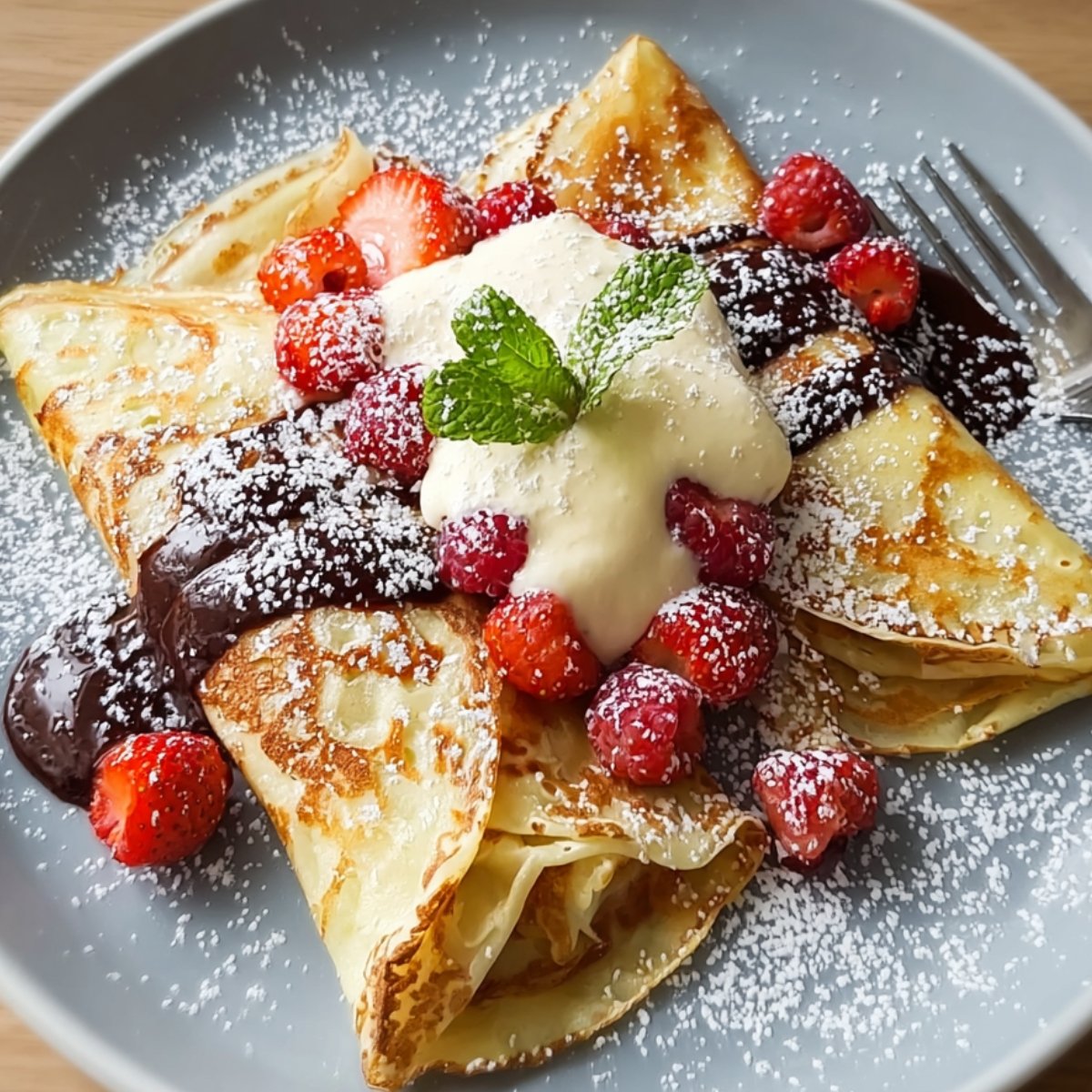 Plate of golden, folded crepes recipe drizzled with rich chocolate sauce, topped with fresh raspberries and strawberries, a dollop of whipped cream, a sprig of mint, and a dusting of powdered sugar, served on a grey plate with a fork.