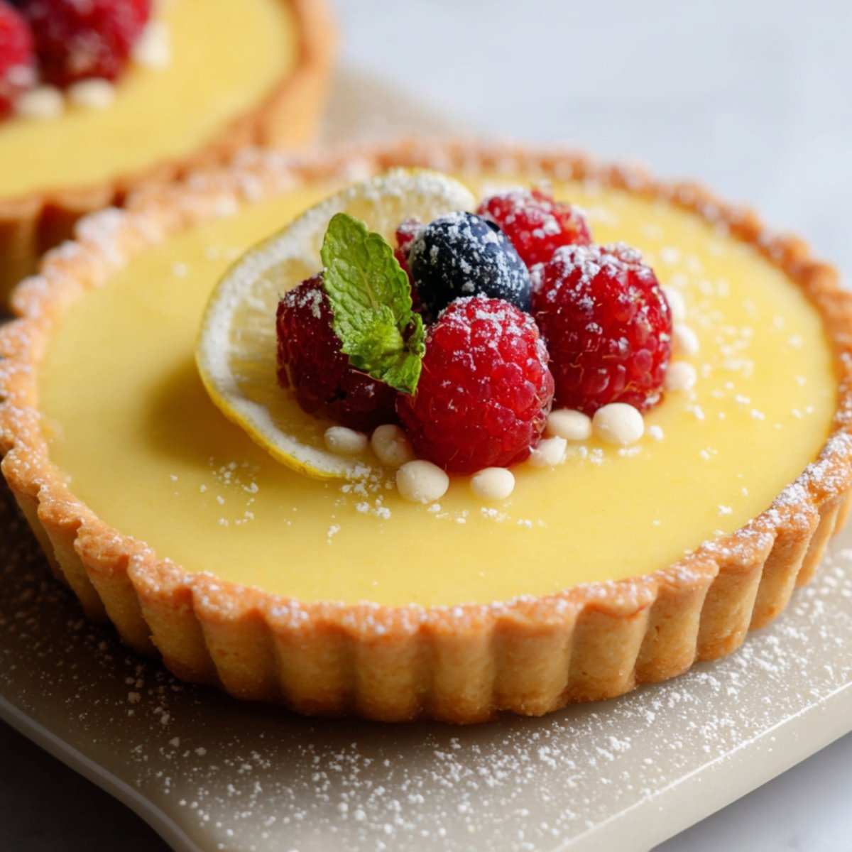 Close‑up lemon tart in a fluted shell, topped with raspberries, blueberries, a lemon slice, and mint, dusted with powdered sugar.