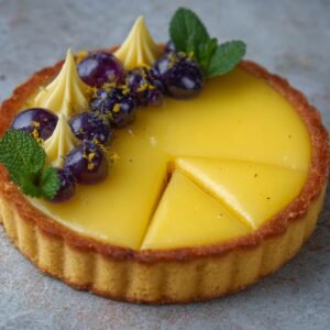 Lemon tart with one slice removed, garnished with cream dollops, purple berries, mint leaves, and lemon zest on a gray textured surface.