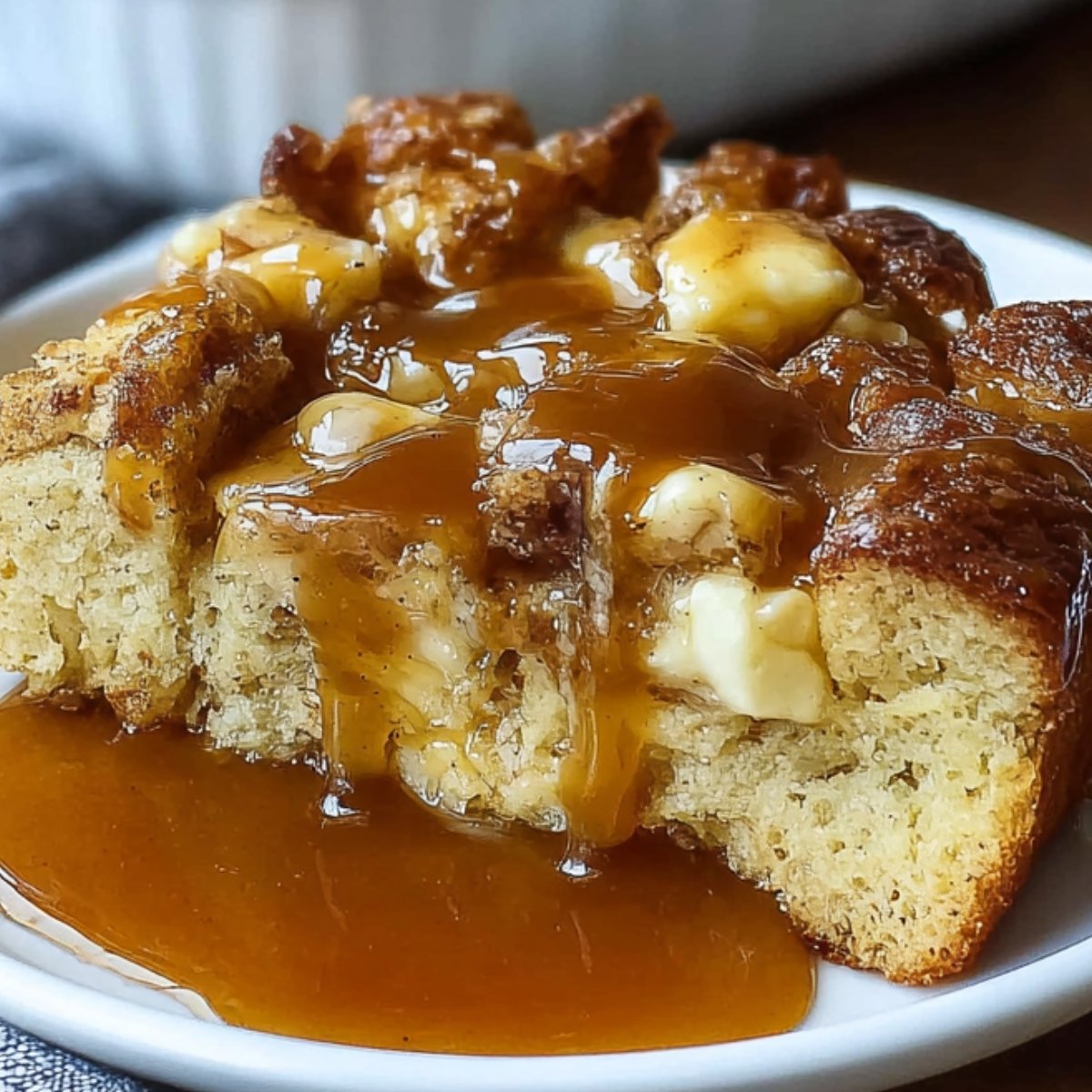 A close‑up of a square piece of French toast casserole on a white plate: golden‑brown bread cubes studded with melted cream cheese and walnuts, drizzled generously with warm maple syrup that pools on the plate.