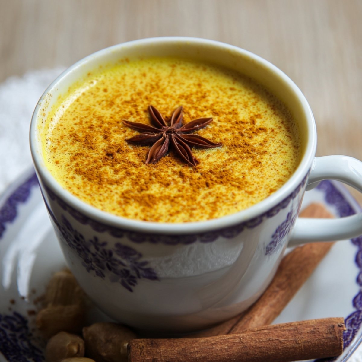 Close‑up three‑quarter view of a white porcelain cup filled with golden milk recipe , sprinkled with turmeric and topped with a star anise. The cup sits on a matching saucer alongside cinnamon sticks and whole nutmeg on a light wooden surface.