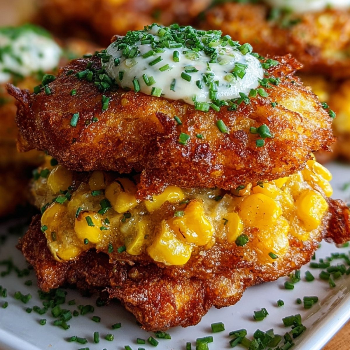 Side view of two Corn Fritters Recipe stacked on a white plate, each topped with a dollop of herbed sour cream and a garnish of chopped chives, background softly blurred.
