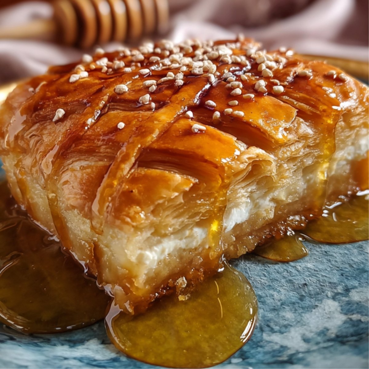 A slice of golden, flaky pastry drizzled with Honey Pie and topped with sesame seeds, served on a blue ceramic plate with a honey dipper in the background.