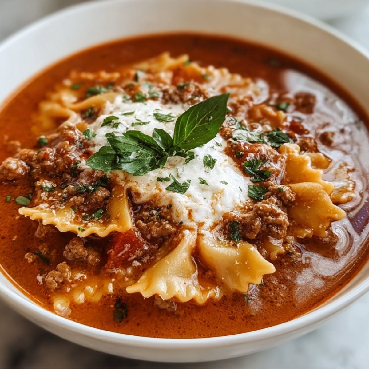 Bowl of lasagna soup recipe served in a white bowl: a rich tomato broth studded with ruffled lasagna‑style pasta and ground meat, crowned with a dollop of melted cheese (mozzarella/ricotta), sprinkled with grated parmesan and chopped parsley, and garnished with fresh basil leaves.