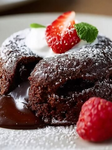 A molten chocolate lava cake recipe dusted with powdered sugar, topped with whipped cream, strawberry, and mint, with raspberries on the side