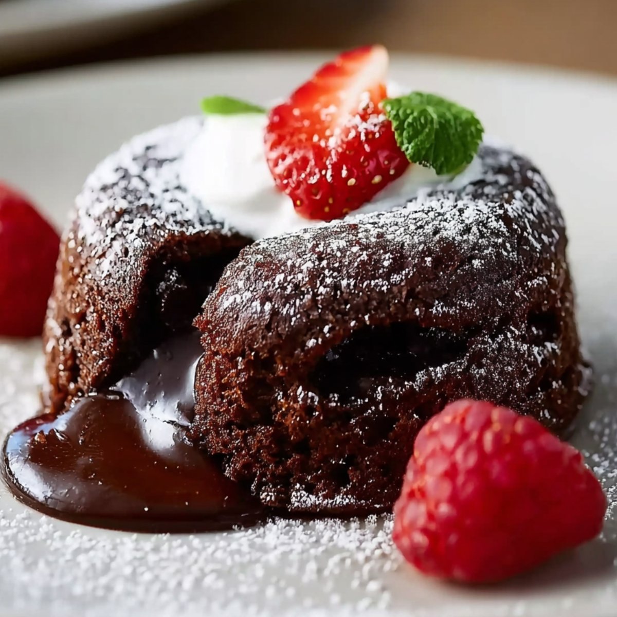 A molten chocolate lava cake recipe dusted with powdered sugar, topped with whipped cream, strawberry, and mint, with raspberries on the side