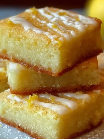 Three square lemon brownies stacked on a white plate, each topped with a thin drizzle of lemon glaze and scattered lemon zest, with whole lemons blurred in the background.