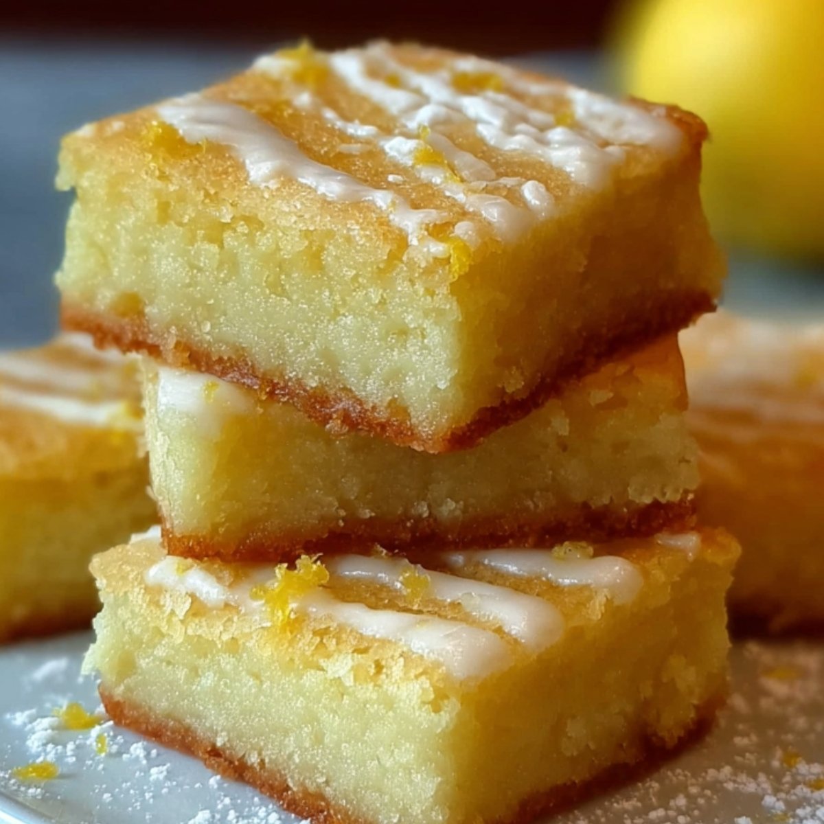 Three square lemon brownies stacked on a white plate, each topped with a thin drizzle of lemon glaze and scattered lemon zest, with whole lemons blurred in the background.