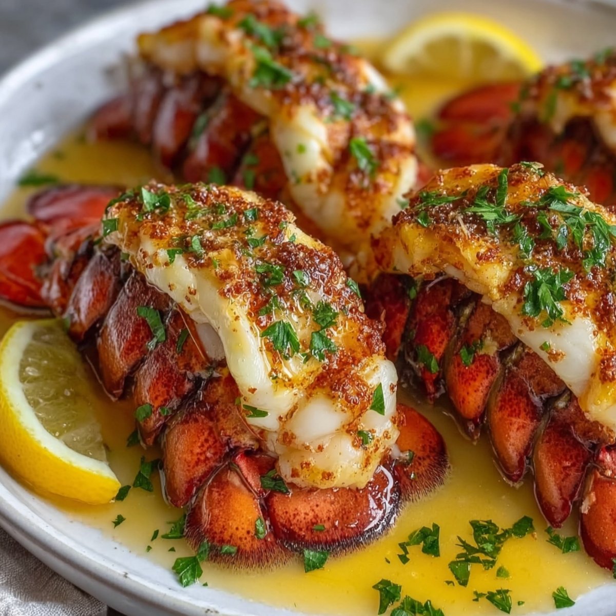 Butter-broiled lobster tail recipe garnished with parsley and lemon slices on a white plate.