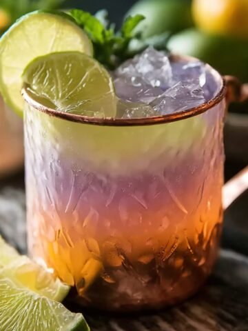 A vibrant layered Moscow Mule Recipe cocktail served in a textured copper mug with crushed ice, garnished with lime slices and fresh mint, placed on a marble coaster with whole limes in the background.