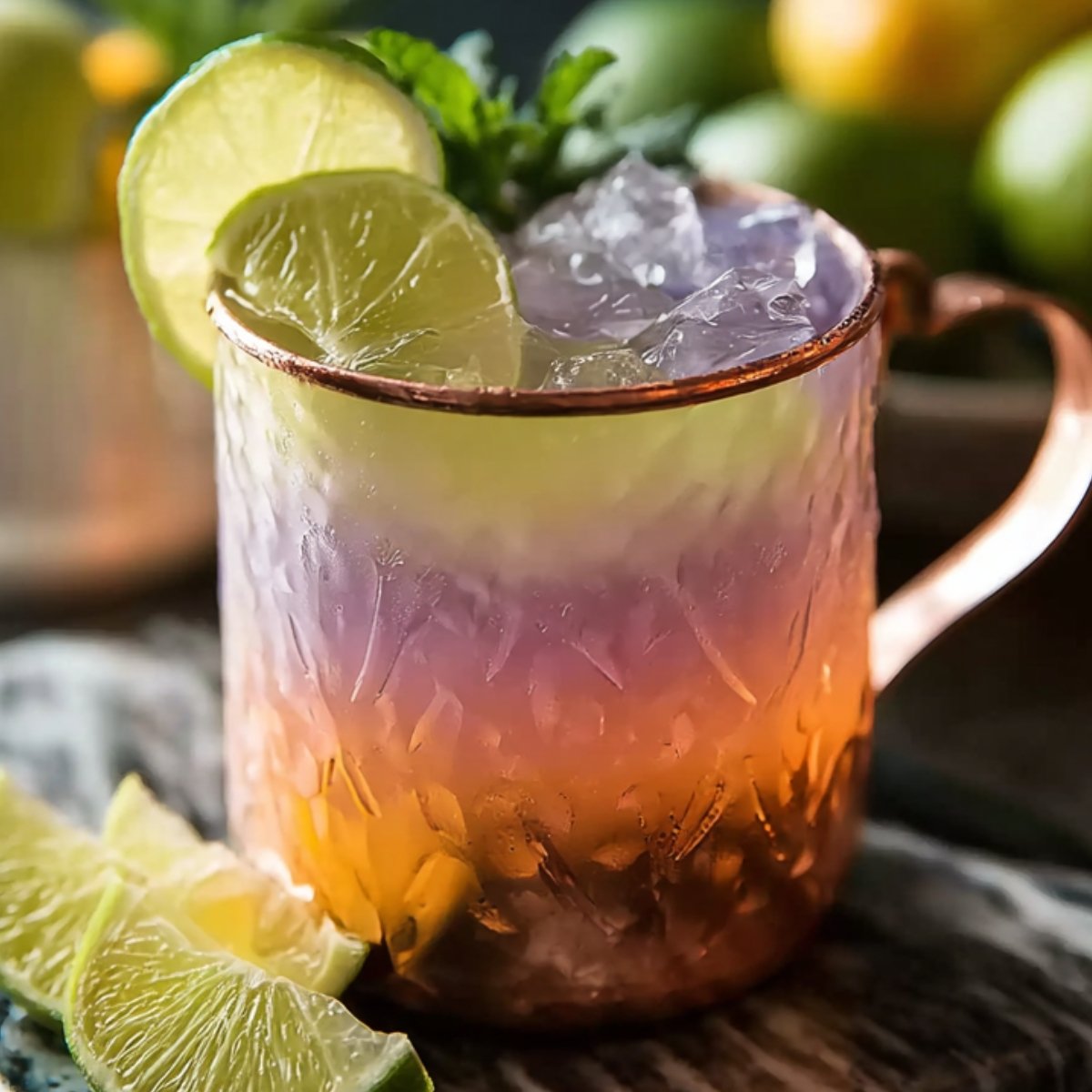 A vibrant layered Moscow Mule Recipe cocktail served in a textured copper mug with crushed ice, garnished with lime slices and fresh mint, placed on a marble coaster with whole limes in the background.