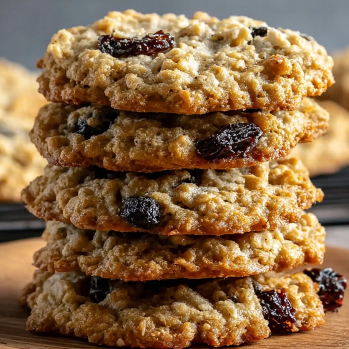Stack dyal five Oatmeal Cookies raisin cookies mḥarzin mzyan, mḥṭṭīn ʿla ṣḥn de bois, w f lbackground cooling rack.