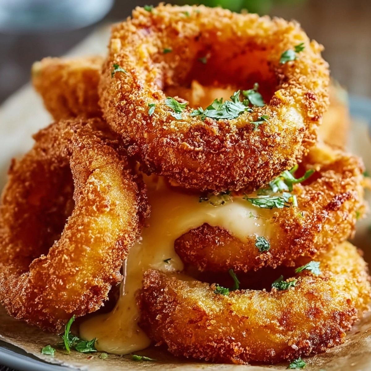 Stack of golden, crispy Onion Rings Recipe dripping with sauce and sprinkled with parsley on parchment paper.