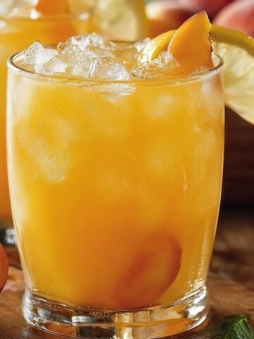 Two short glasses filled with peach lemonade and crushed ice, each garnished with a peach wedge and lemon slice on the rim, set on a wooden board with a basket of fresh peaches blurred in the background.