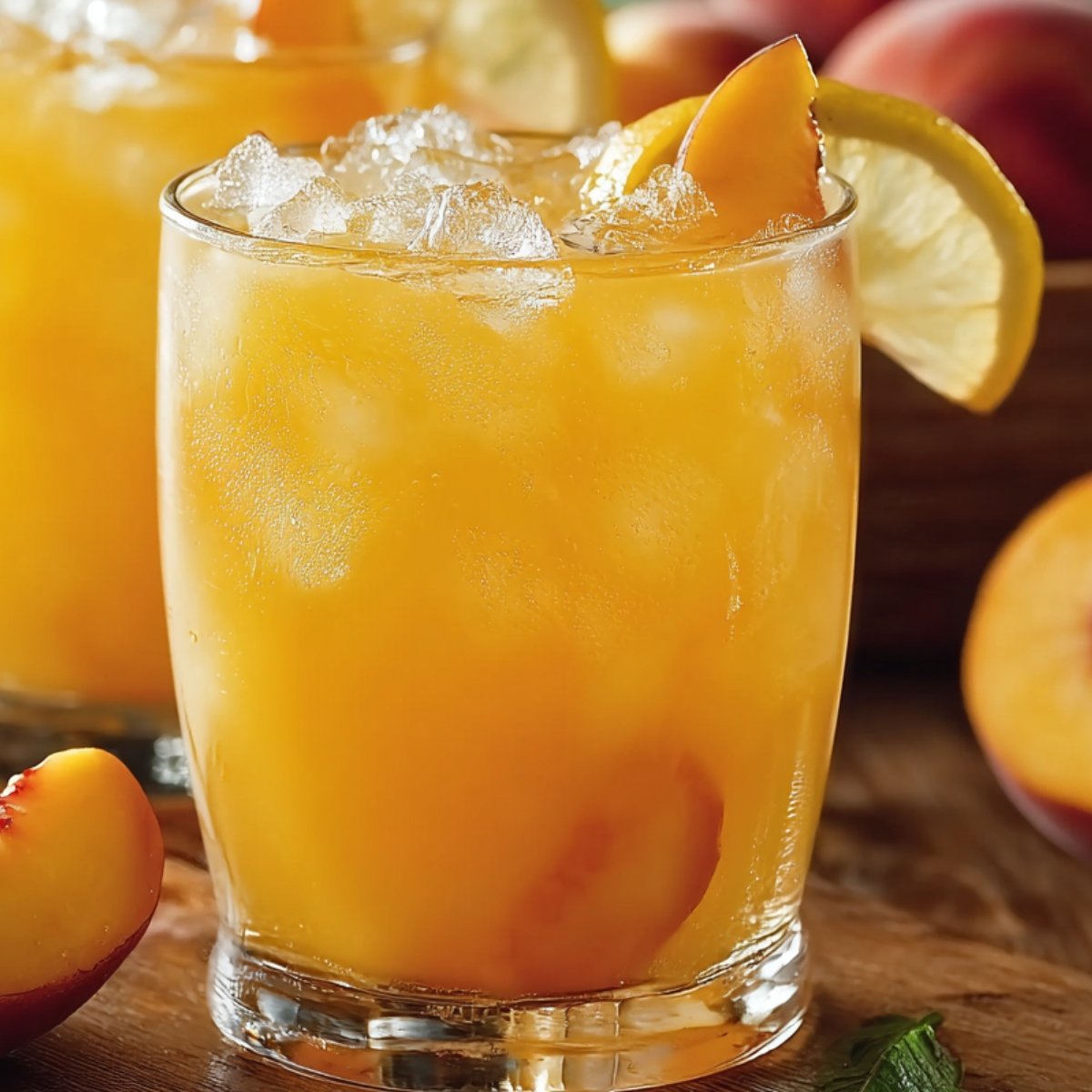 Two short glasses filled with peach lemonade and crushed ice, each garnished with a peach wedge and lemon slice on the rim, set on a wooden board with a basket of fresh peaches blurred in the background.