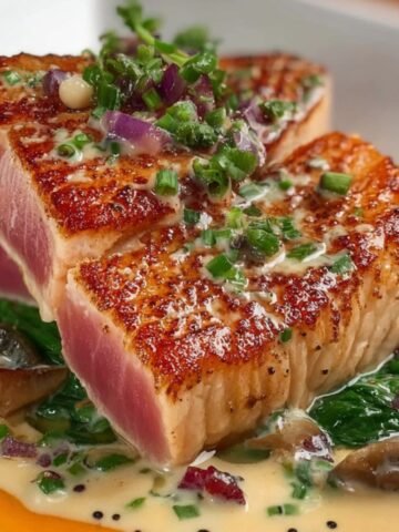 Perfectly seared ahi tuna recipe steaks served on a bed of sautéed greens and mushrooms, topped with chopped chives and red onions, drizzled with a creamy herb sauce.