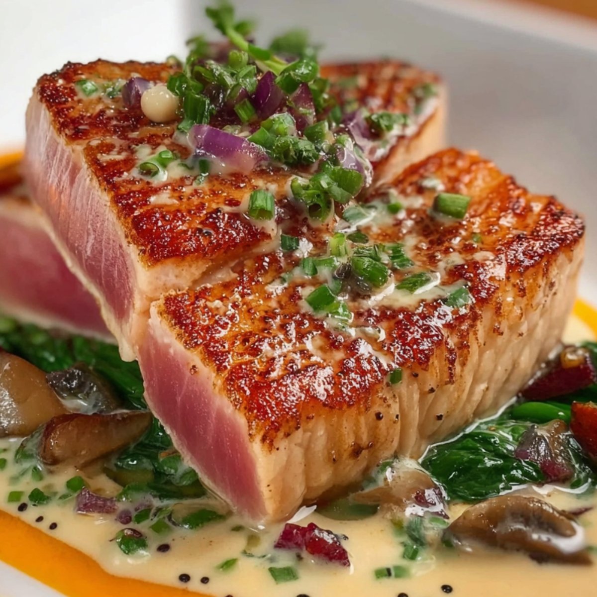 Perfectly seared ahi tuna recipe steaks served on a bed of sautéed greens and mushrooms, topped with chopped chives and red onions, drizzled with a creamy herb sauce.