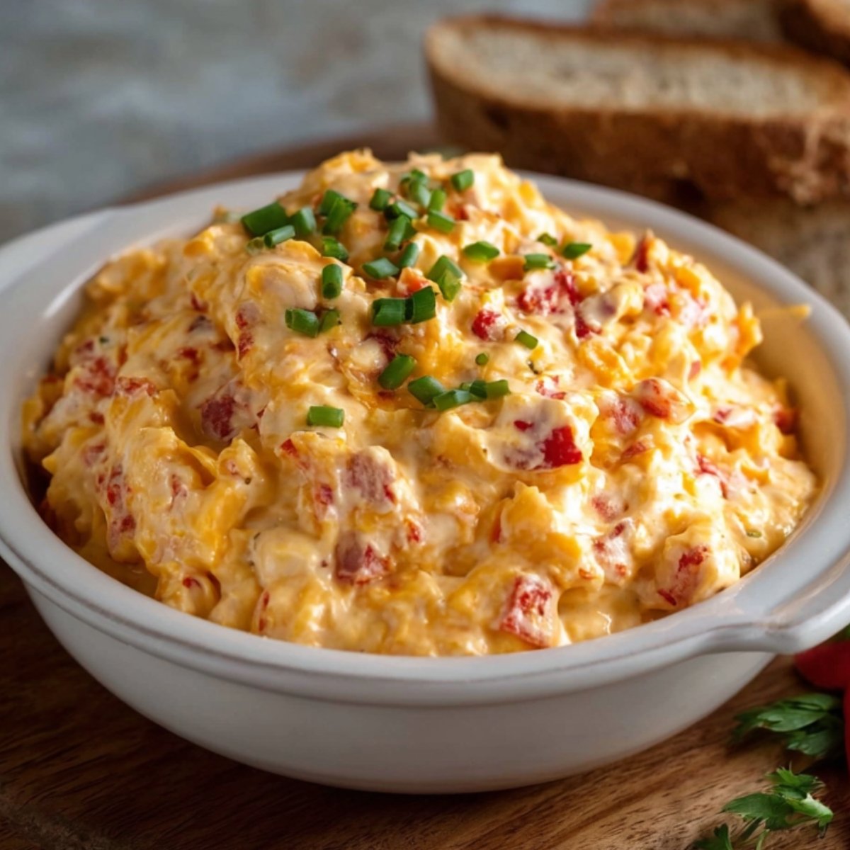 A creamy, homemade Pimento Cheese Recipe spread served in a white ceramic bowl, topped with chopped chives. The spread features a mix of shredded cheddar cheese, diced red pimentos, and mayonnaise, placed on a wooden board with slices of bread in the background.