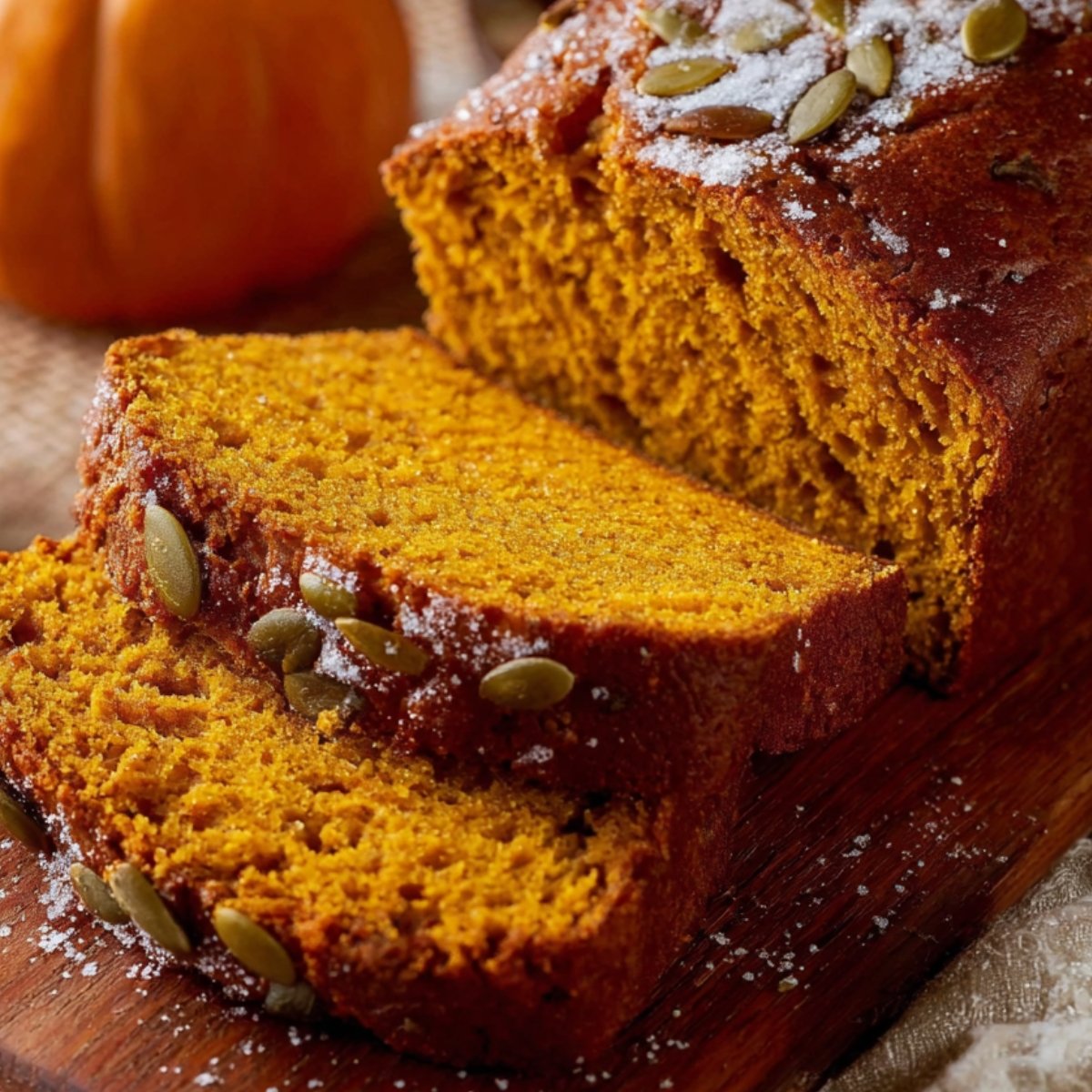 A close‑up of two thick slices of golden‑brown pumpkin bread on a wooden board, topped with a light dusting of powdered sugar and a sprinkle of pumpkin seeds
