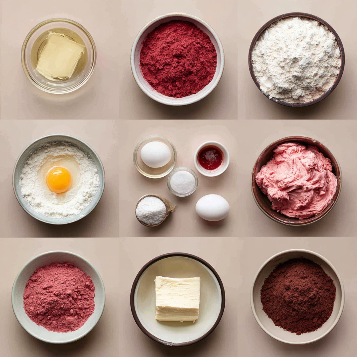 “Nine‑cell grid of bowls on a beige background showing red velvet cinnamon roll ingredients: softened butter, red velvet cake mix, flour, an egg cracked into flour, two whole eggs, sugar and vanilla in small bowls, more red cake mix, a bowl of butter and a bowl of cocoa powder.