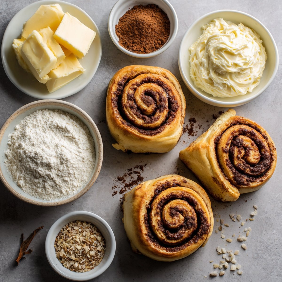 “Overhead view of three cinnamon rolls on a light gray surface, surrounded by small bowls containing softened butter, brown sugar, ground cinnamon, cocoa powder, flour and chopped nuts, with a pinch of salt scattered nearby.