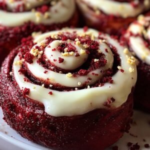 Close‑up of a white platter holding six red velvet cinnamon rolls swirled with thick cream‑cheese frosting and sprinkled with red velvet crumbs, with a red cloth softly blurred in the background.