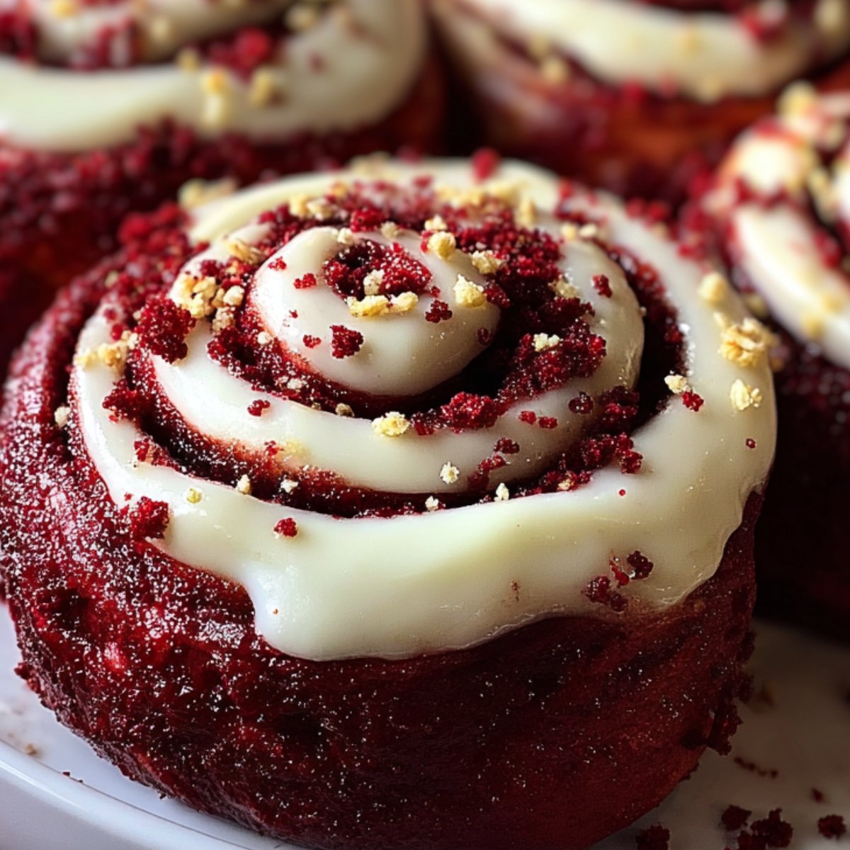 “Close‑up of a white platter holding six red velvet cinnamon rolls swirled with thick cream‑cheese frosting and sprinkled with red velvet crumbs, with a red cloth softly blurred in the background.