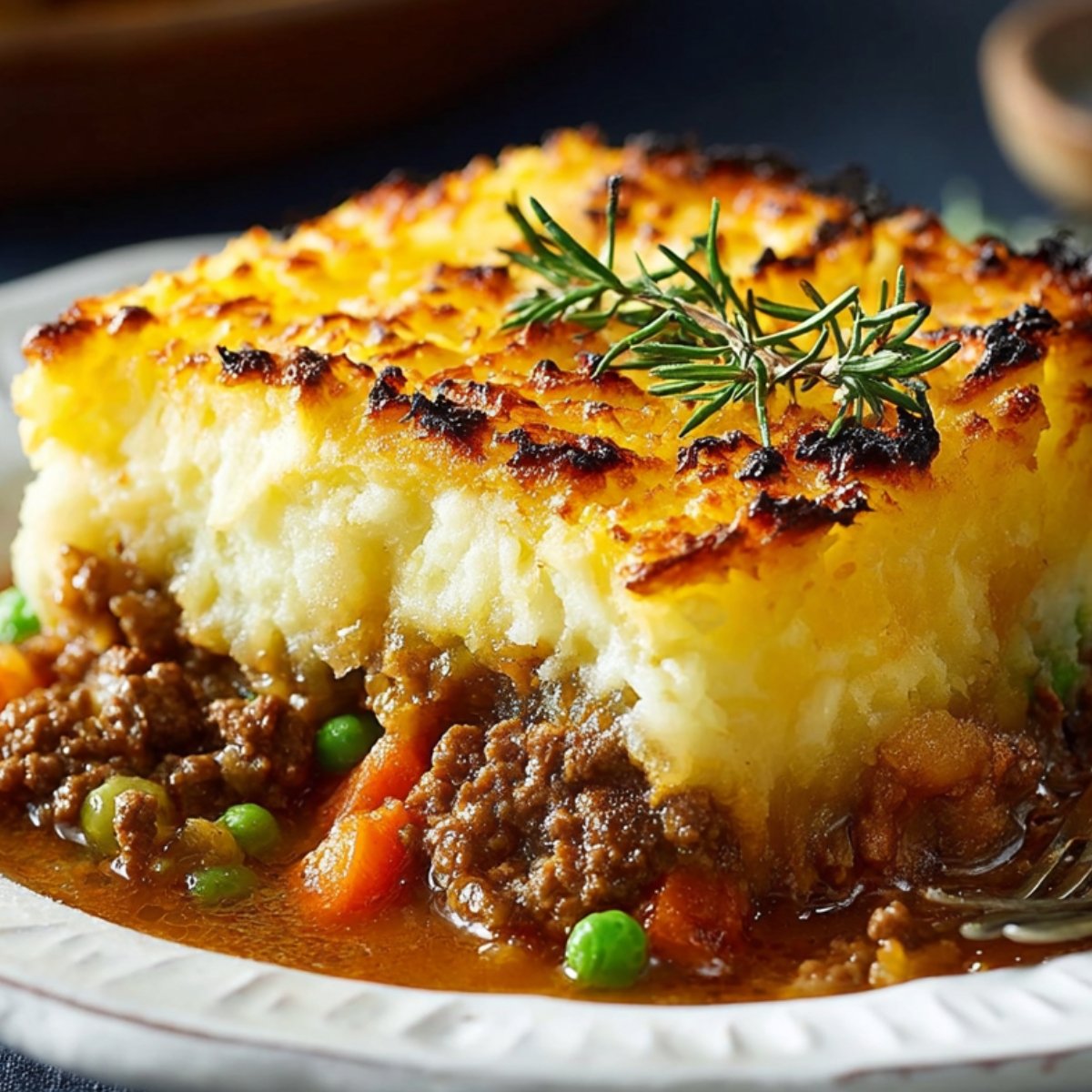 A close-up of a square slice of Shepherds Pie Recipe on a white plate: a rich layer of ground meat with peas and diced carrots in gravy, topped with a golden-brown mashed potato crust and garnished with a small sprig of rosemary.