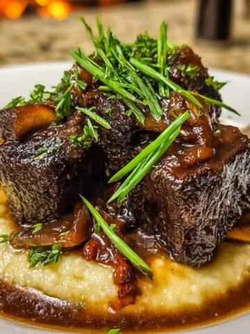 Close‑up on a wooden board displaying prepped ingredients: four beef Short Ribs Recipe pieces, thyme sprigs, chopped carrots and celery, diced onion, whole garlic bulbs, bay leaves, a ramekin of tomato paste, and a pourer of beef stock.