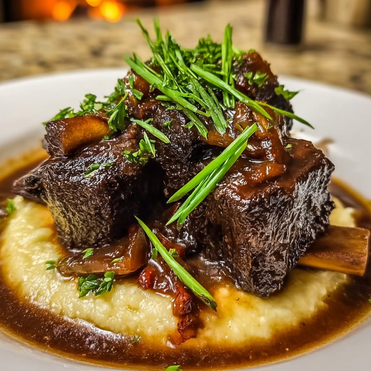 Close‑up on a wooden board displaying prepped ingredients: four beef Short Ribs Recipe pieces, thyme sprigs, chopped carrots and celery, diced onion, whole garlic bulbs, bay leaves, a ramekin of tomato paste, and a pourer of beef stock.