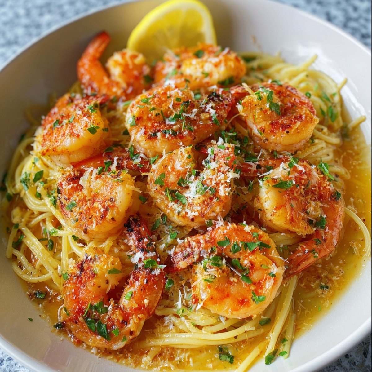 A white bowl brimming with shrimp scampi recipe served over spaghetti: plump, golden‑seared shrimp rest atop pasta in a glossy garlic‑butter sauce, garnished with parsley and a lemon wedge.